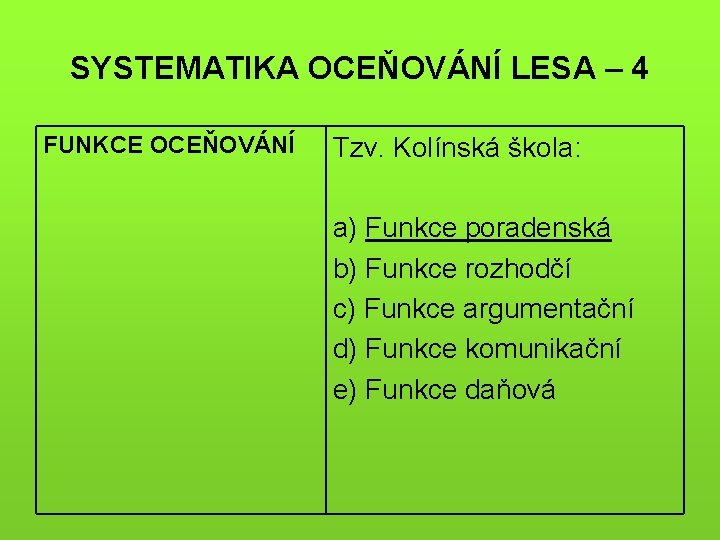 SYSTEMATIKA OCEŇOVÁNÍ LESA – 4 FUNKCE OCEŇOVÁNÍ Tzv. Kolínská škola: a) Funkce poradenská b)