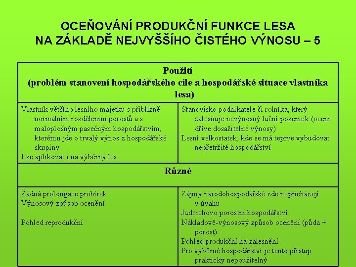 OCEŇOVÁNÍ PRODUKČNÍ FUNKCE LESA NA ZÁKLADĚ NEJVYŠŠÍHO ČISTÉHO VÝNOSU – 5 Použití (problém stanovení