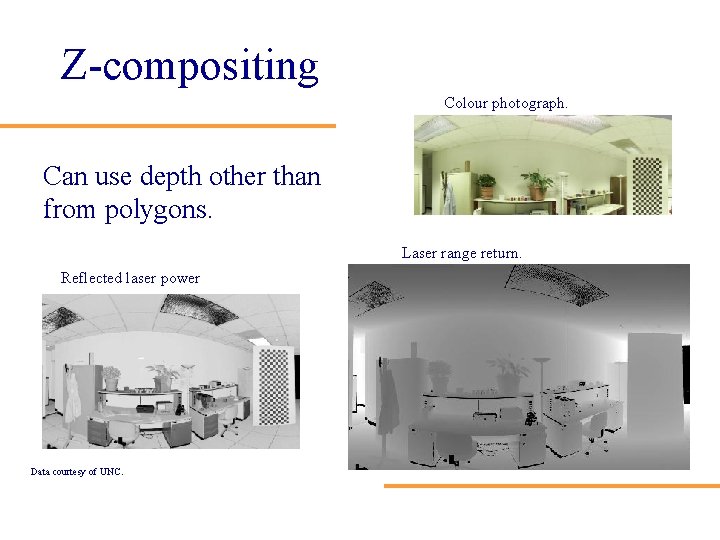 Z-compositing Colour photograph. Can use depth other than from polygons. Laser range return. Reflected