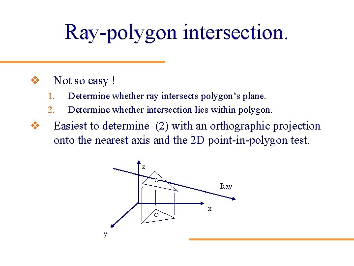 Ray-polygon intersection. v Not so easy ! 1. 2. v Determine whether ray intersects