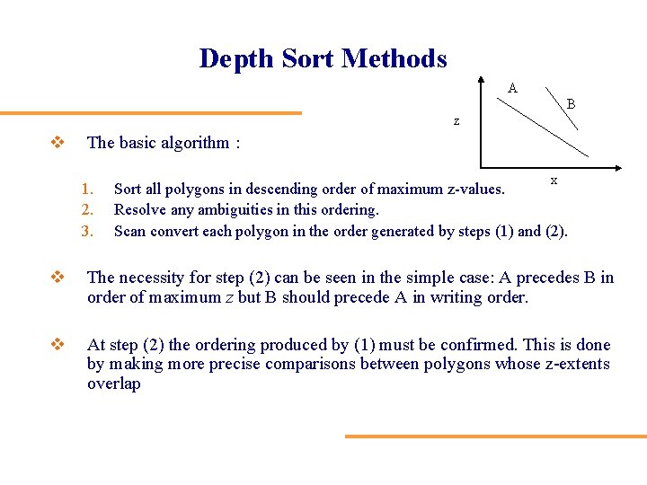 Depth Sort Methods A B z v The basic algorithm : 1. 2. 3.