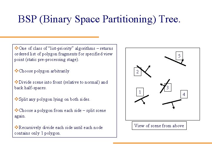 BSP (Binary Space Partitioning) Tree. v. One of class of “list-priority” algorithms – returns