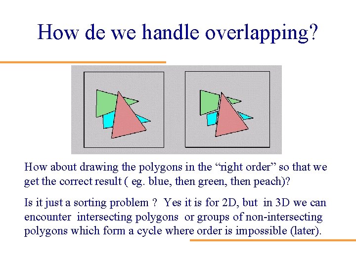 How de we handle overlapping? How about drawing the polygons in the “right order”