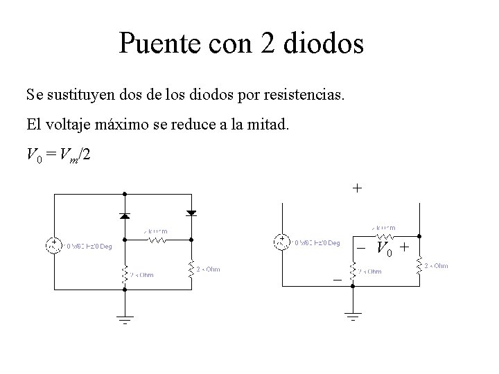 Puente con 2 diodos Se sustituyen dos de los diodos por resistencias. El voltaje