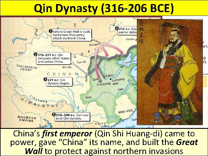 Qin Dynasty (316 -206 BCE) China’s first emperor (Qin Shi Huang-di) came to power,