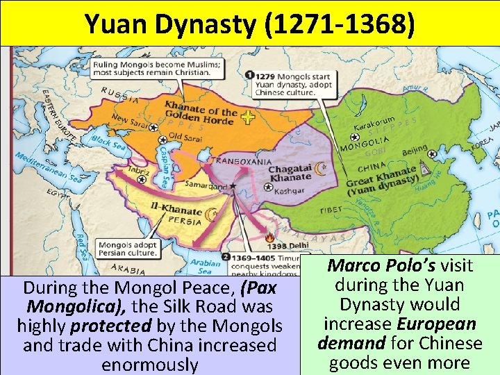 Yuan Dynasty (1271 -1368) During the Mongol Peace, (Pax Mongolica), the Silk Road was
