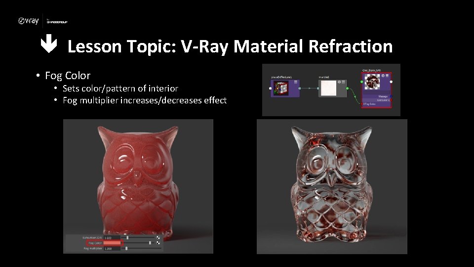  Lesson Topic: V-Ray Material Refraction • Fog Color • Sets color/pattern of interior