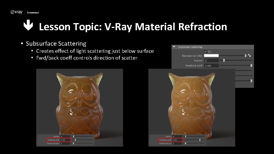  Lesson Topic: V-Ray Material Refraction • Subsurface Scattering • Creates effect of light