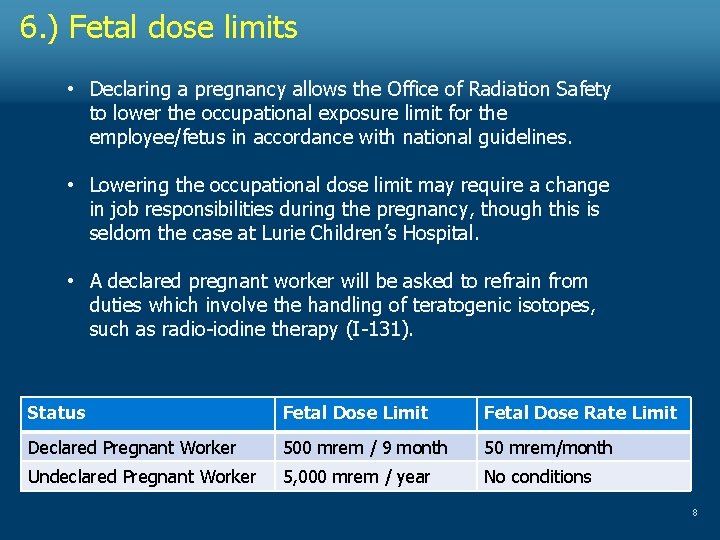 6. ) Fetal dose limits • Declaring a pregnancy allows the Office of Radiation