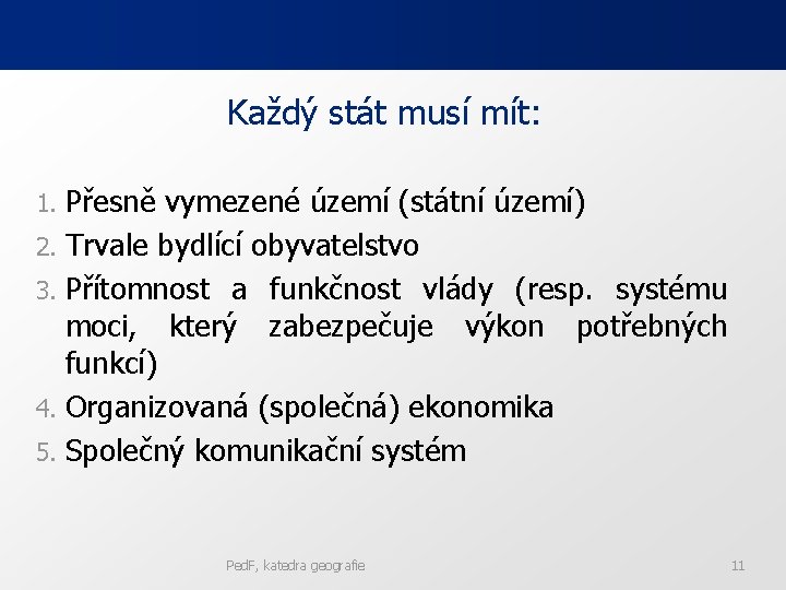 Každý stát musí mít: Přesně vymezené území (státní území) 2. Trvale bydlící obyvatelstvo 3.