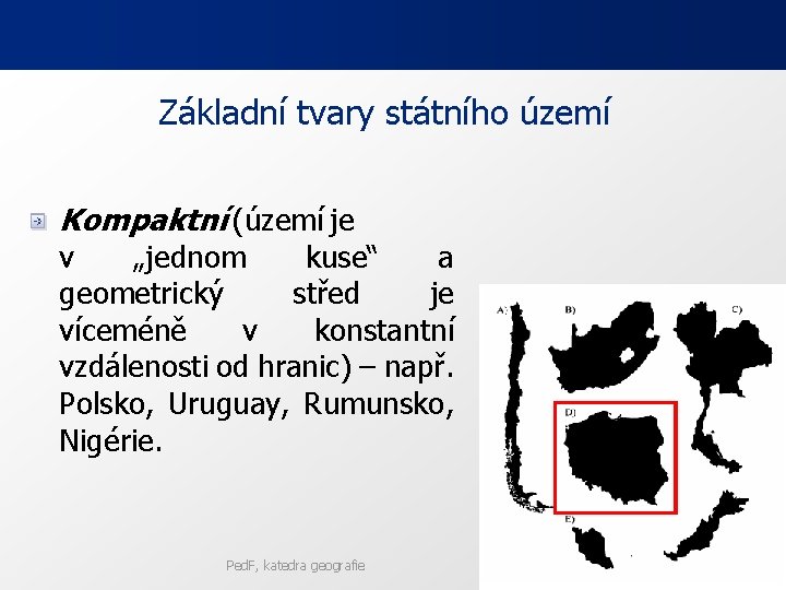 Základní tvary státního území Kompaktní (území je v „jednom kuse“ a geometrický střed je