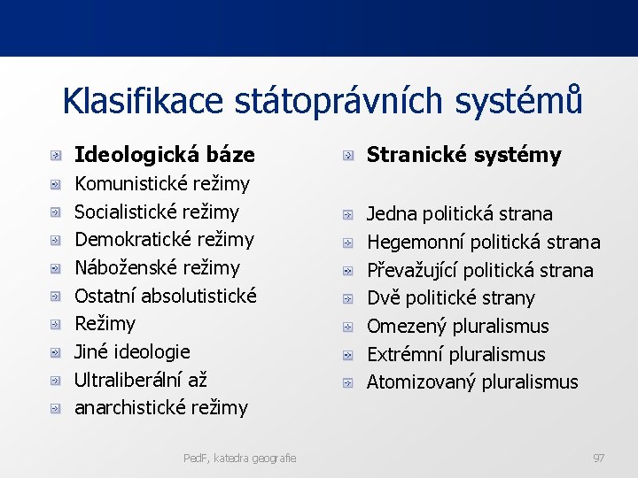 Klasifikace státoprávních systémů Ideologická báze Stranické systémy Komunistické režimy Socialistické režimy Demokratické režimy Náboženské