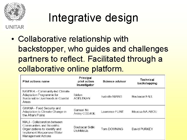 Integrative design • Collaborative relationship with backstopper, who guides and challenges partners to reflect.