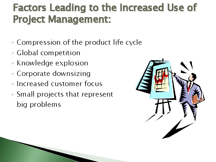 Factors Leading to the Increased Use of Project Management: ◦ ◦ ◦ Compression of Factors Leading to the Increased Use of Project Management: ◦ ◦ ◦ Compression of
