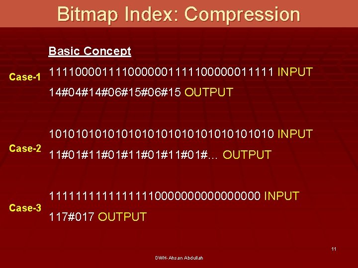 Bitmap Index: Compression Basic Concept Case-1 11110000001111100000011111 INPUT 14#04#14#06#15 OUTPUT 101010101010101010 INPUT Case-2 Case-3