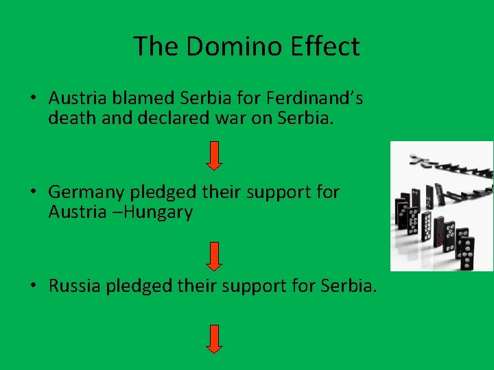 The Domino Effect • Austria blamed Serbia for Ferdinand’s death and declared war on The Domino Effect • Austria blamed Serbia for Ferdinand’s death and declared war on