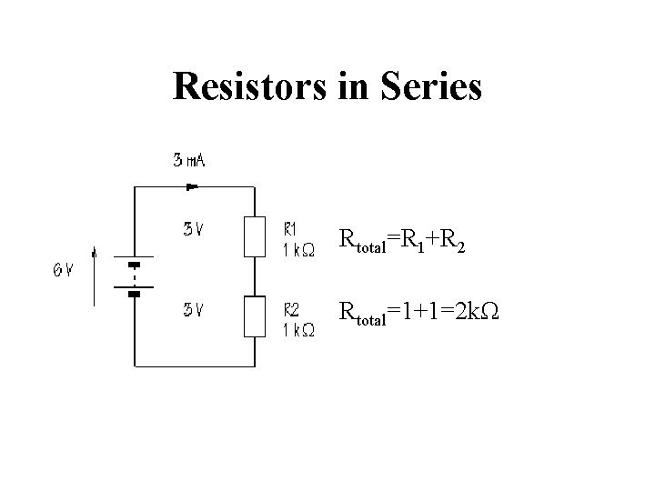 Resistors in Series Rtotal=R 1+R 2 Rtotal=1+1=2 kΩ 