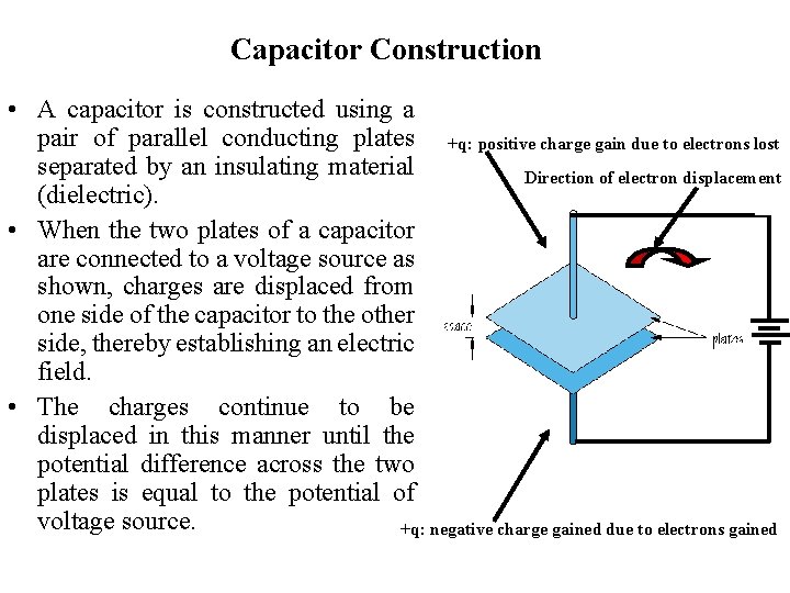 Capacitor Construction • A capacitor is constructed using a pair of parallel conducting plates