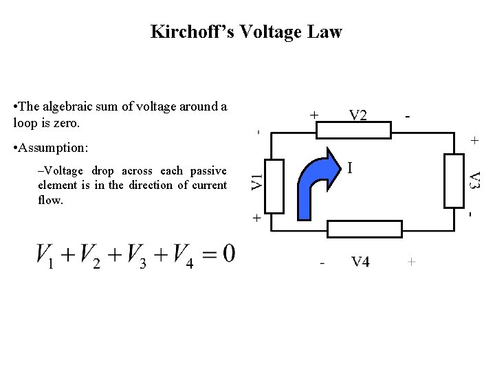 Kirchoff’s Voltage Law • The algebraic sum of voltage around a loop is zero.