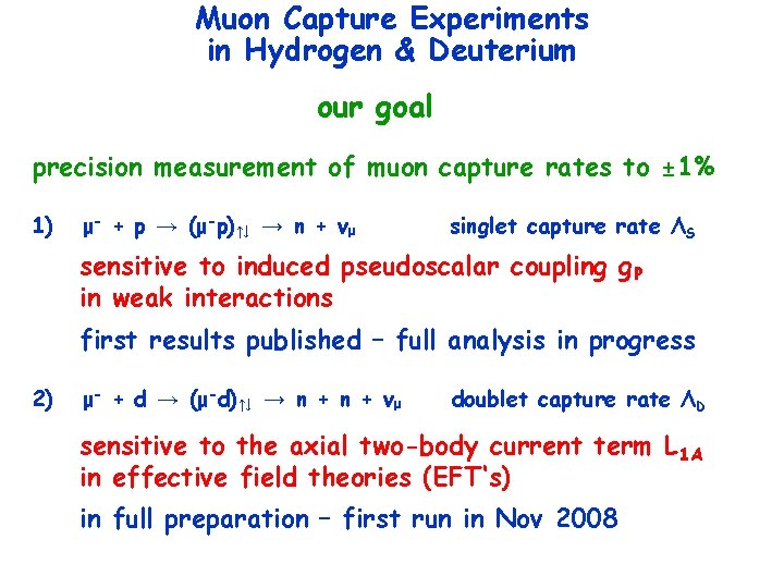 Muon Capture Experiments in Hydrogen & Deuterium our goal precision measurement of muon capture