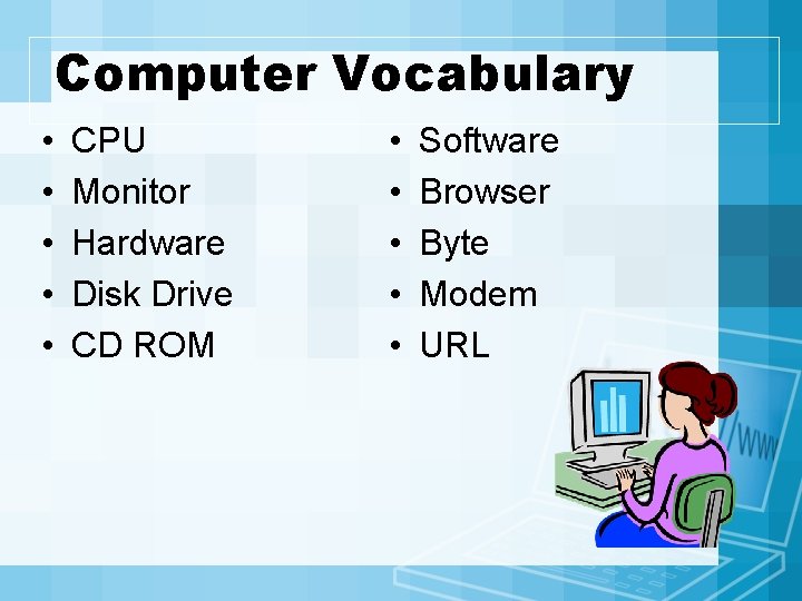 Computer Vocabulary • • • CPU Monitor Hardware Disk Drive CD ROM • •