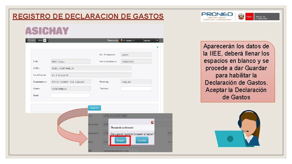 REGISTRO DE DECLARACION DE GASTOS Aparecerán los datos de la IIEE, deberá llenar los
