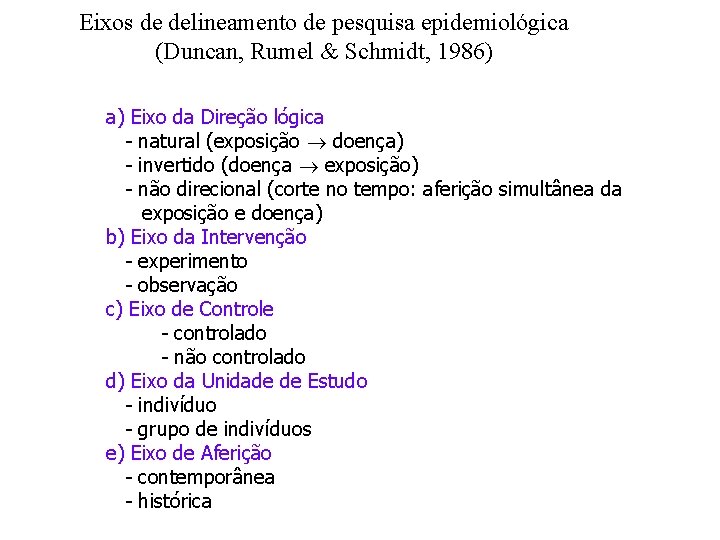 Eixos de delineamento de pesquisa epidemiológica (Duncan, Rumel & Schmidt, 1986) a) Eixo da