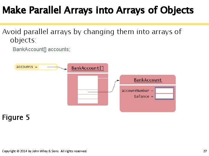 Make Parallel Arrays into Arrays of Objects Avoid parallel arrays by changing them into