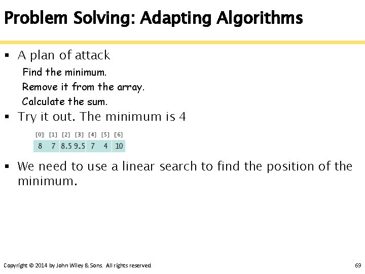 Problem Solving: Adapting Algorithms § A plan of attack Find the minimum. Remove it