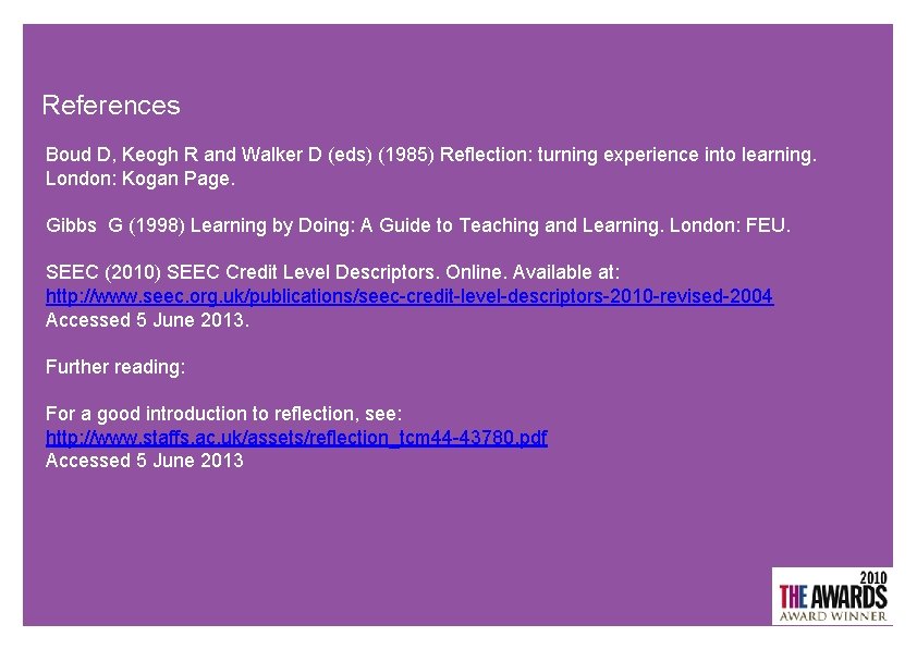 References Boud D, Keogh R and Walker D (eds) (1985) Reflection: turning experience into