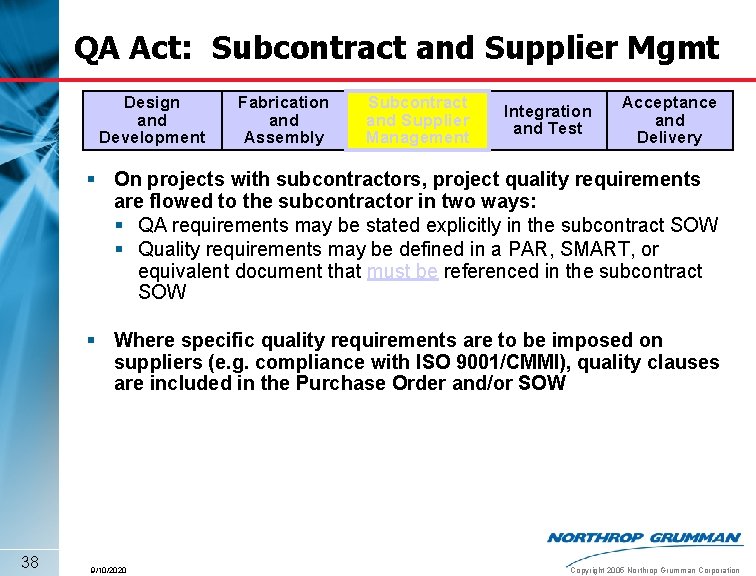 QA Act: Subcontract and Supplier Mgmt Design and Development Fabrication and Assembly Subcontract and