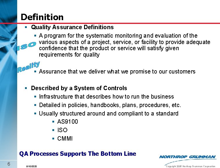 Definition § Quality Assurance Definitions § A program for the systematic monitoring and evaluation