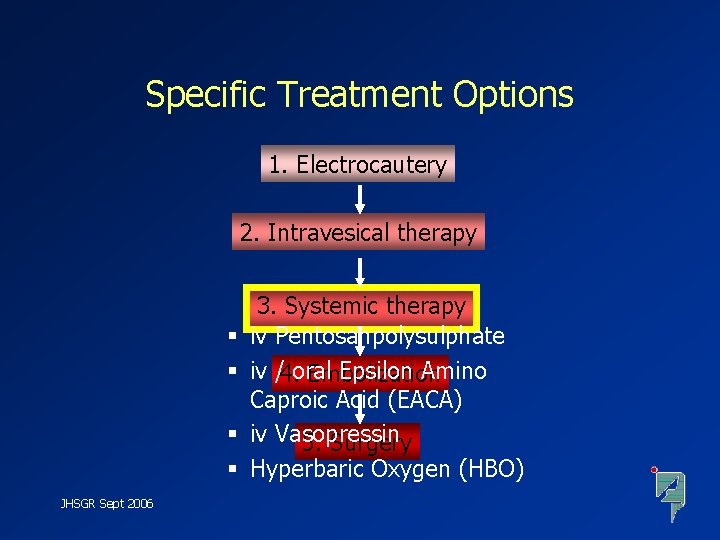 Specific Treatment Options 1. Electrocautery 2. Intravesical therapy § § JHSGR Sept 2006 3.