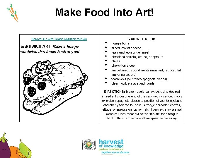 Make Food Into Art! Source: How to Teach Nutrition to Kids SANDWICH ART: Make