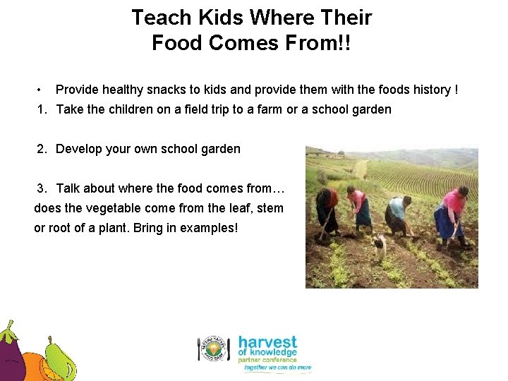 Teach Kids Where Their Food Comes From!! • Provide healthy snacks to kids and