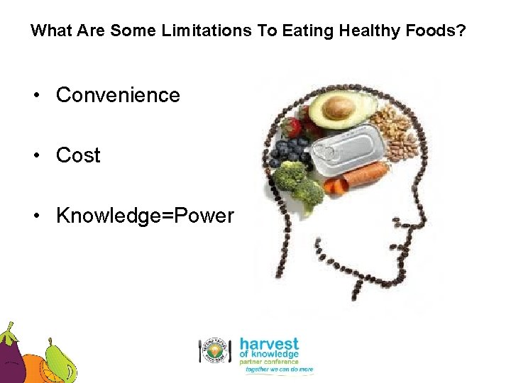 What Are Some Limitations To Eating Healthy Foods? • Convenience • Cost • Knowledge=Power