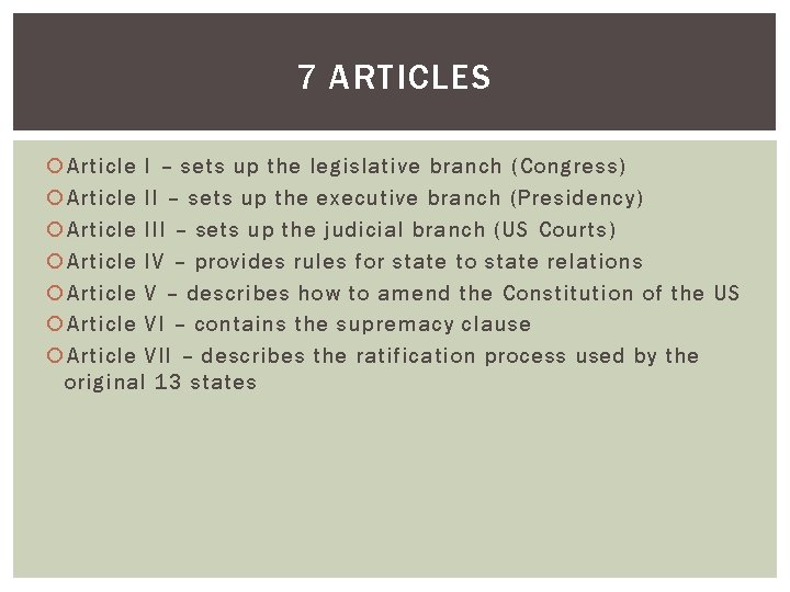 7 ARTICLES Article I – sets up the legislative branch (Congress) Article II – 7 ARTICLES Article I – sets up the legislative branch (Congress) Article II –
