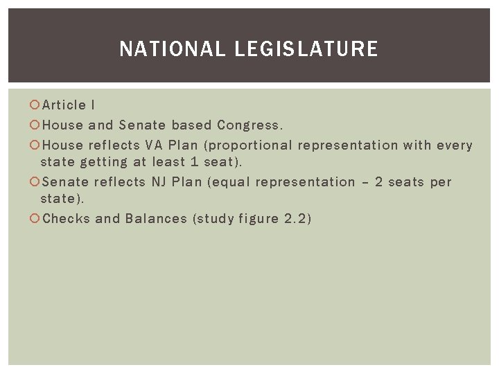 NATIONAL LEGISLATURE Article I House and Senate based Congress. House reflects VA Plan (proportional NATIONAL LEGISLATURE Article I House and Senate based Congress. House reflects VA Plan (proportional