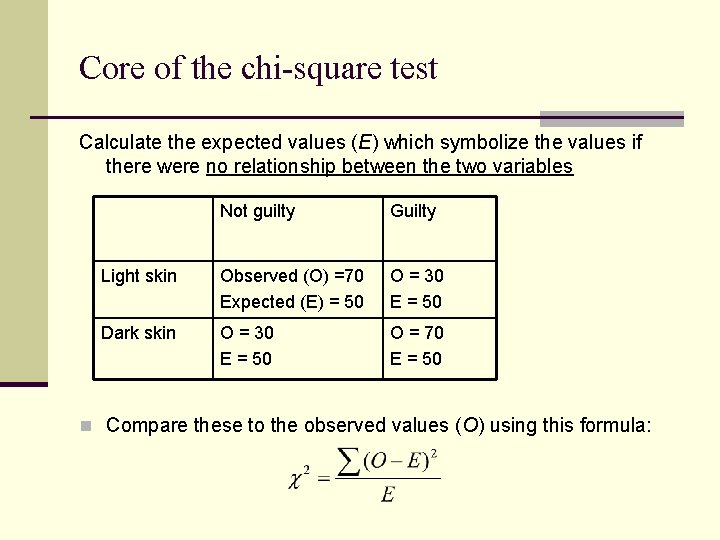 Core of the chi-square test Calculate the expected values (E) which symbolize the values