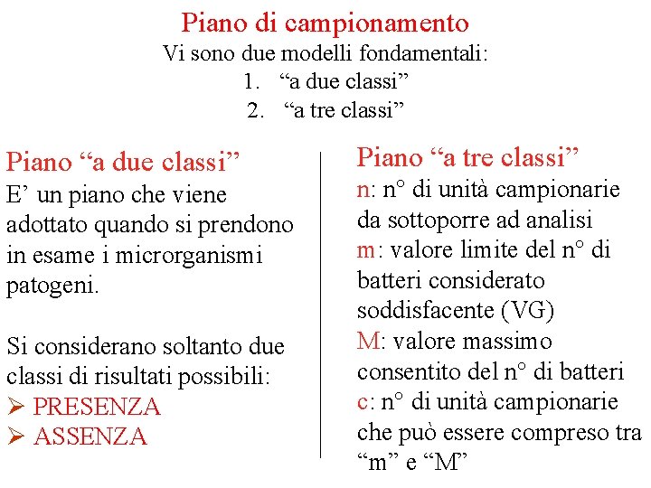 Piano di campionamento Vi sono due modelli fondamentali: 1. “a due classi” 2. “a