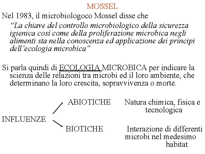 MOSSEL Nel 1983, il microbiologoco Mossel disse che “La chiave del controllo microbiologico della