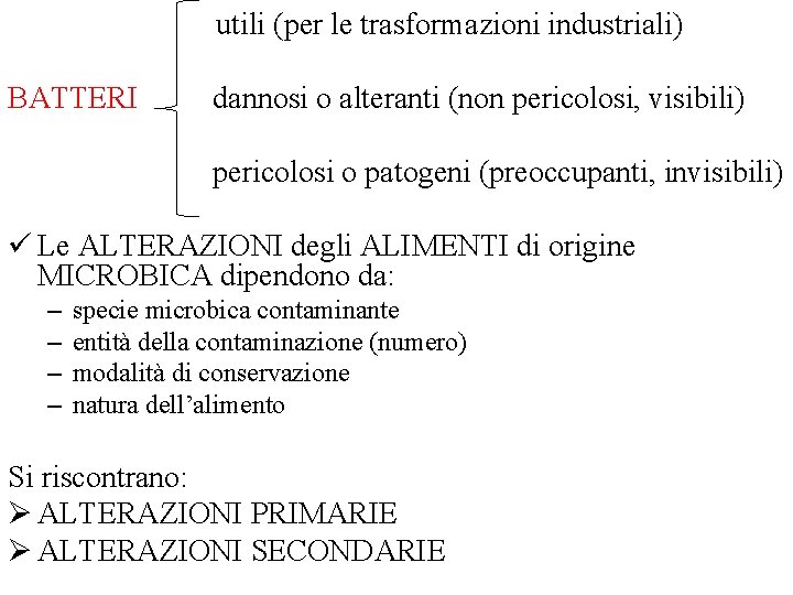  utili (per le trasformazioni industriali) BATTERI dannosi o alteranti (non pericolosi, visibili) pericolosi