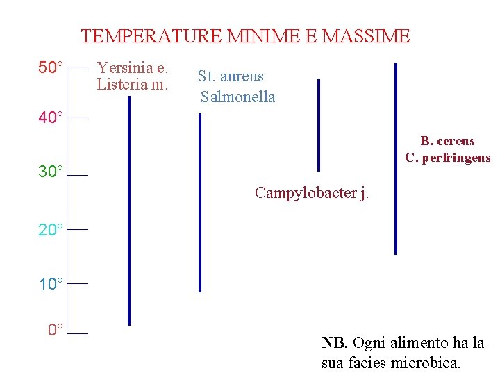 TEMPERATURE MINIME E MASSIME 50° Yersinia e. Listeria m. St. aureus Salmonella 40° B.