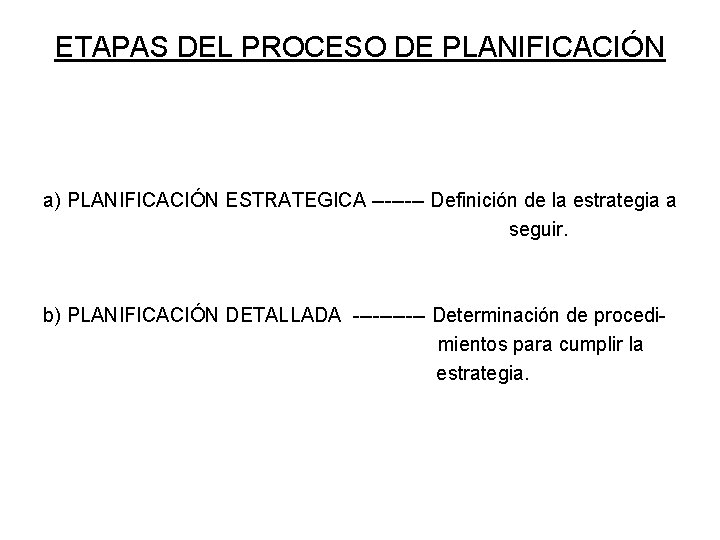 ETAPAS DEL PROCESO DE PLANIFICACIÓN a) PLANIFICACIÓN ESTRATEGICA ---- Definición de la estrategia a