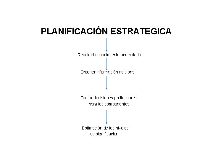 PLANIFICACIÓN ESTRATEGICA Reunir el conocimiento acumulado Obtener información adicional Tomar decisiones preliminares para los