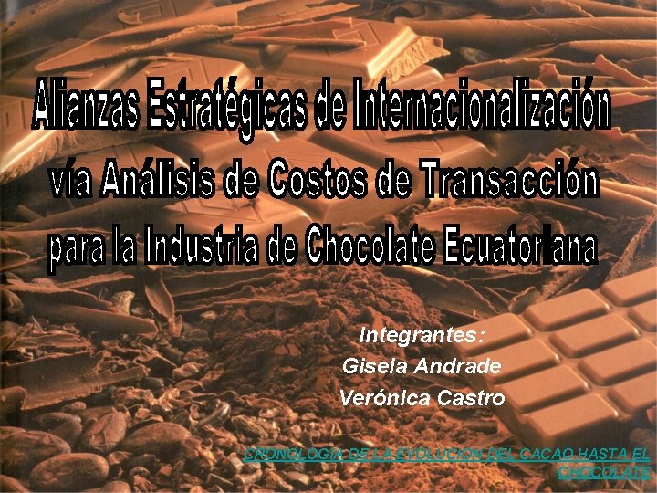 Integrantes: Gisela Andrade Verónica Castro CRONOLOGIA DE LA EVOLUCION DEL CACAO HASTA EL CHOCOLATE