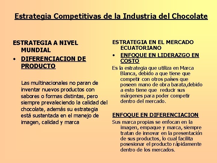 Estrategia Competitivas de la Industria del Chocolate ESTRATEGIA A NIVEL MUNDIAL • DIFERENCIACION DE