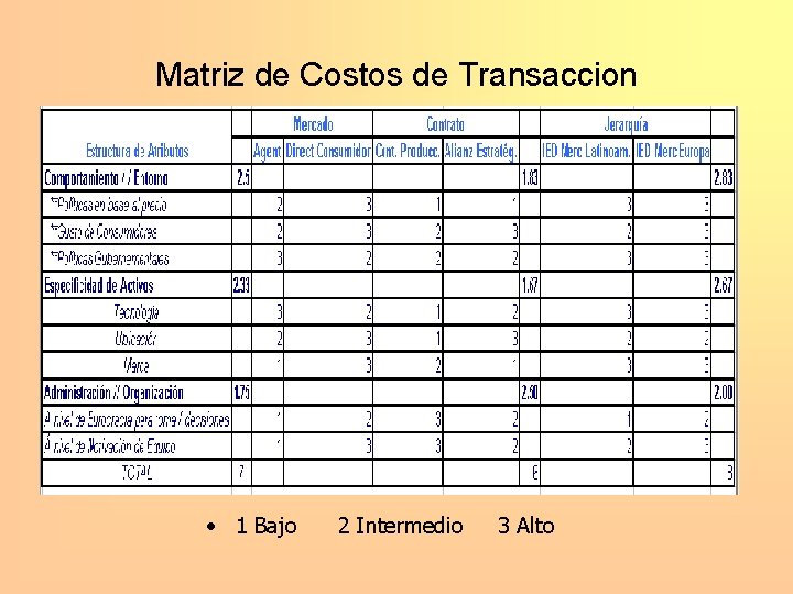 Matriz de Costos de Transaccion • 1 Bajo 2 Intermedio 3 Alto 