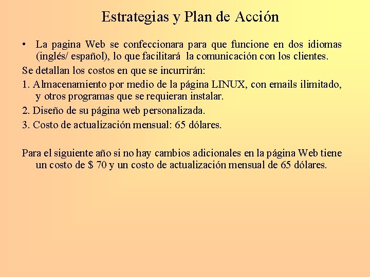 Estrategias y Plan de Acción • La pagina Web se confeccionara para que funcione