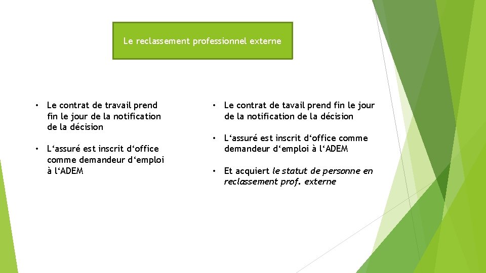 Le reclassement professionnel externe • Le contrat de travail prend fin le jour de